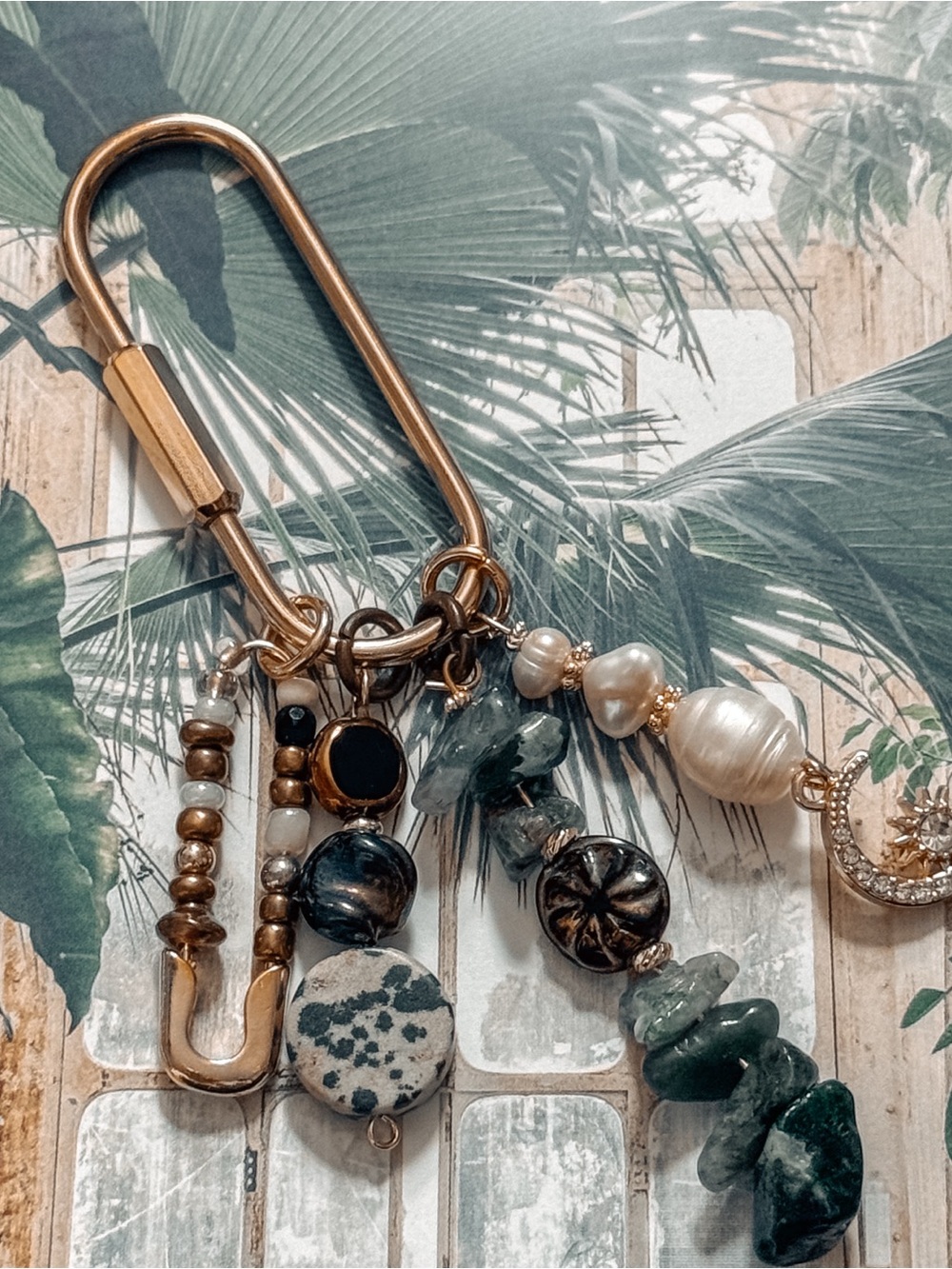 Boho Bag Charm with Pearls, Agate, Dalmatian Jasper, Brass, Glass Beads